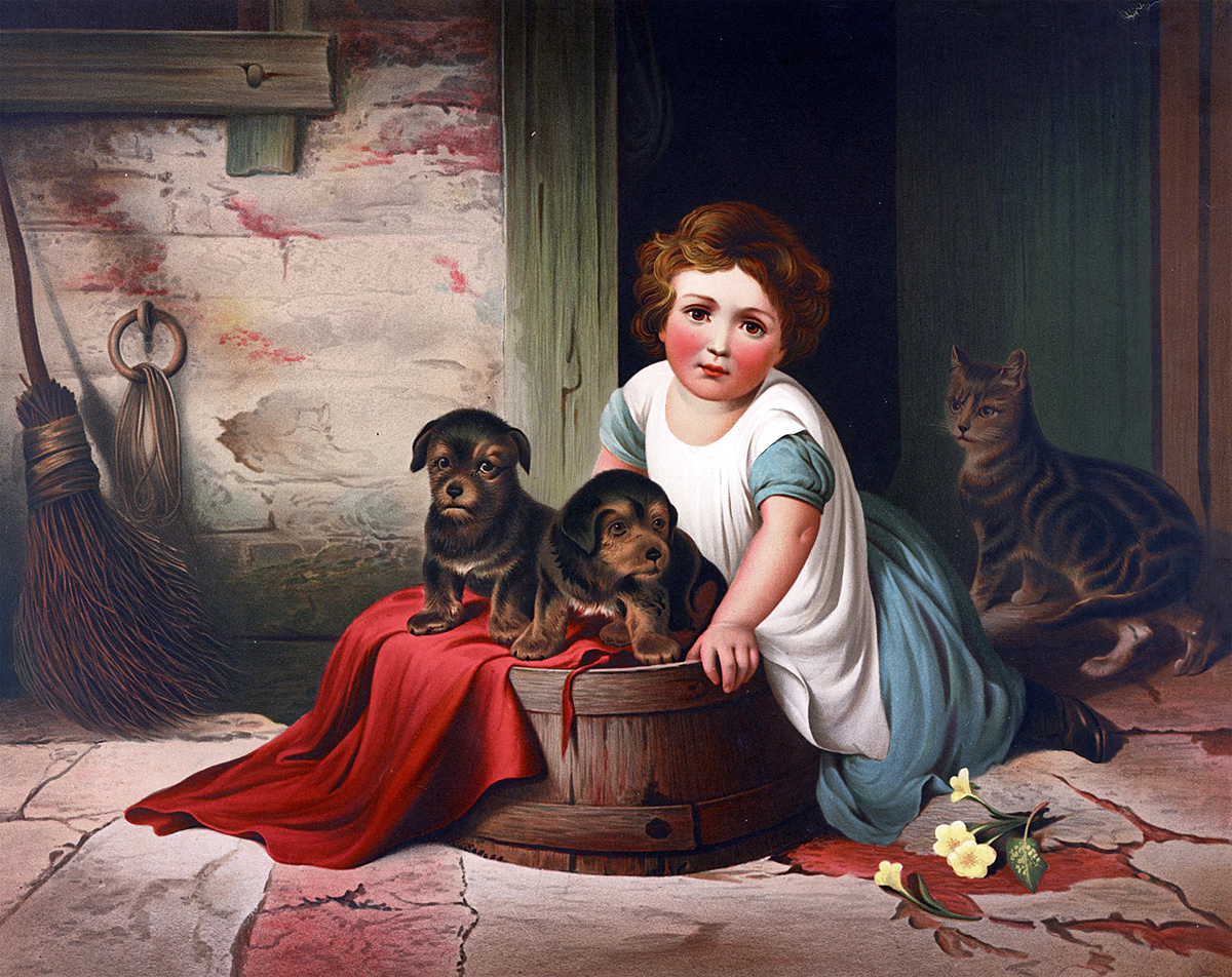 Girl, two puppies and cat painting